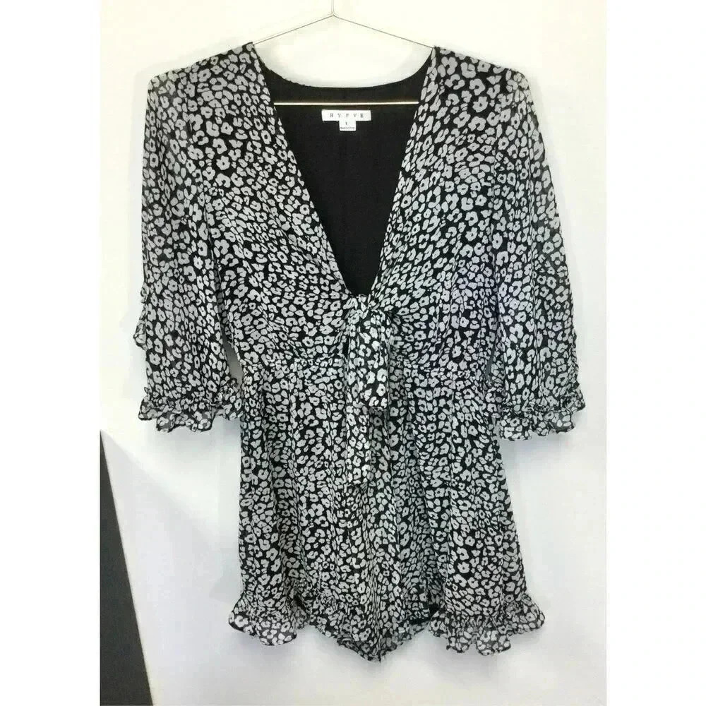 Hyfve‎ Womens Large Jumper Romper Black White Keyhole Front V Neck Ruffles